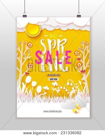 Spring Sale Print Poster Design. Flowers, Grass, Clouds, Sun And Butterfly Cut Out From White Paper 