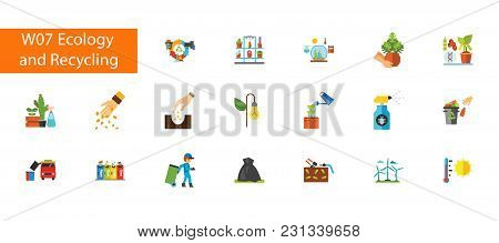 Nineteen Ecology And Recycling Flat Vector Icons Collection On White Background. Can Be Used For Top