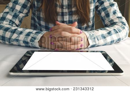 Electronic Menu Template. Online Food Order. Tablet Computer With Blank Screen In Female Hands. Stud