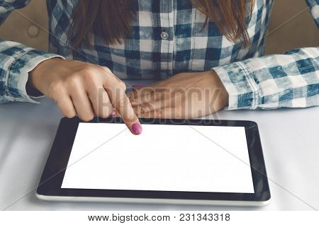 Electronic Menu Template. Online Food Order. Tablet Computer With Blank Screen In Female Hands. Stud