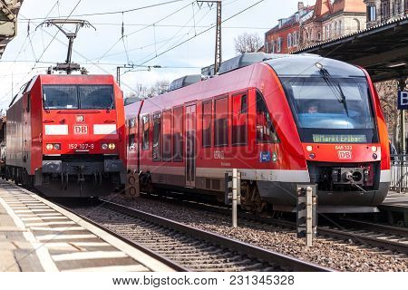 Fuerth / Germany - March 11, 2018: Re Regional Express Train From Deutsche Bahn Passes Train Station