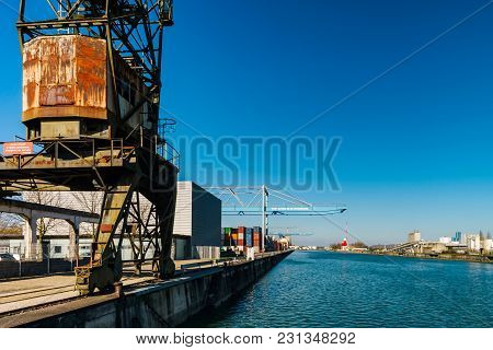 Strasbourg Cargo Shipping Port Terminal, Sunny Day With Bluew Sky
