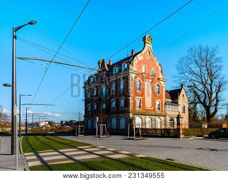 Comfort City Environment In Strasbourg. Old Classic House And New Modern Tramway Line