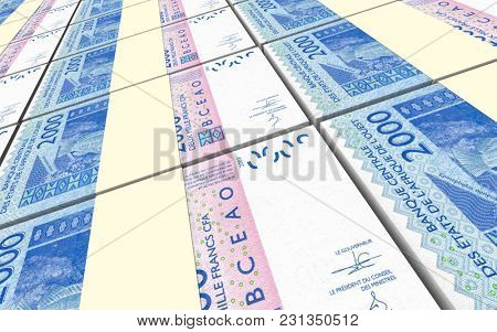 West African CFA francs bills stacked background. 3D illustration.