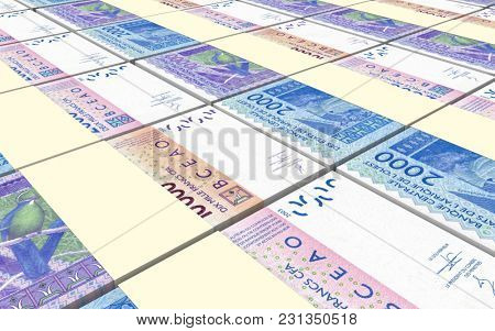 West African CFA francs bills stacked background. 3D illustration.