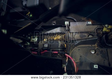 Close Up Part Of A Car Automatic Gear Lever, Gear Shift, Dismantling For Maintenance In Garage Mecan