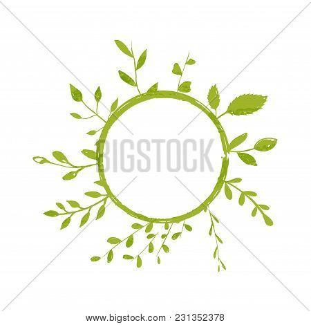 Round Spring Frame Decorated With Greenery, Plants And Leaves. Circle With Blank Space For Text