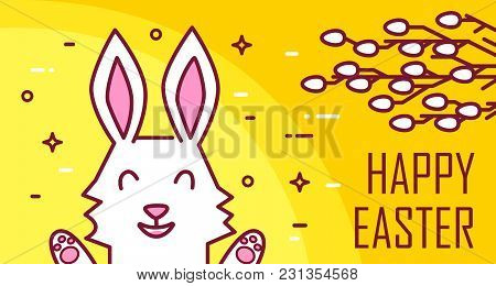 Happy Easter Greeting Card With Cute Rabbit And Willow On Yellow Background. Thin Line Flat Design. 