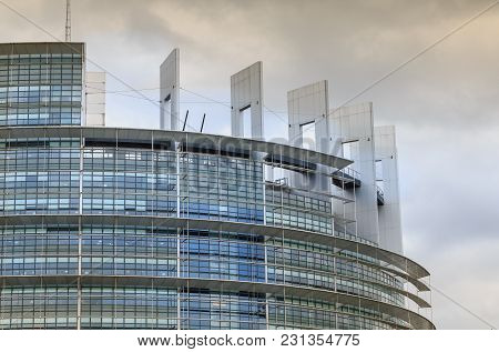 Strasbourg, France - December 28, 2017: Architectural Detail Of The Louise-weiss Building On A Winte