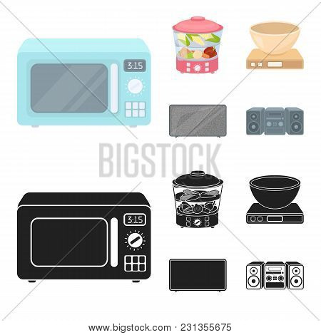 Steamer, Microwave Oven, Scales, Lcd Tv.household Set Collection Icons In Cartoon, Black Style Vecto
