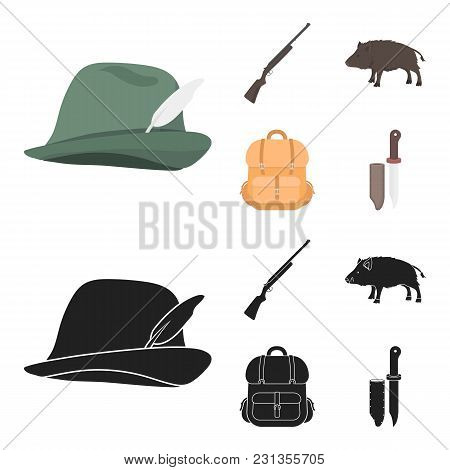 A Hunting Hat With A Feather, A Wild Boar, A Rifle, A Backpack With Things..hunting Set Collection I