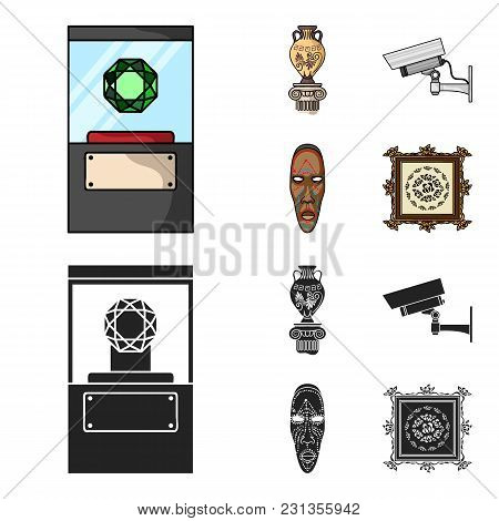 A Diamond, A Vase On A Stand, A Surveillance Camera, An African Mask. Museum Set Collection Icons In