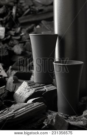 Two Matte Black Shot Glass .on Charcoal Background. Black Edition.creative.let's Drink.cheers.mockup