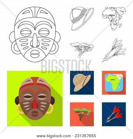 Cork Hat, Darts, Savannah Tree, Territory Map. African Safari Set Collection Icons In Outline, Flat 