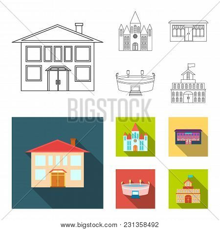 House Of Government, Stadium, Cafe, Church.building Set Collection Icons In Outline, Flat Style Vect