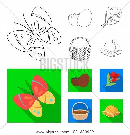 Chocolate Egg, Bells, Basket And Flowers.easter Set Collection Icons In Outline, Flat Style Vector S