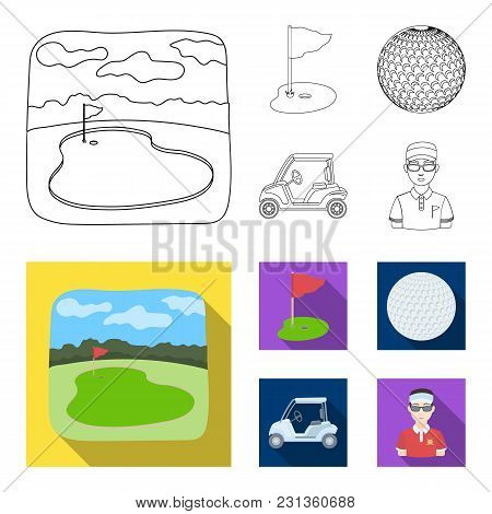 Field With A Hole And A Flag, A Golf Ball, A Golfer, An Electric Golf Cart.golf Club Set Collection 