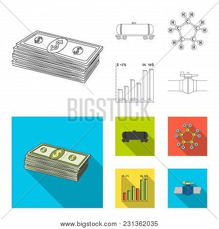 Railway Tank, Chemical Formula, Oil Price Chart, Pipeline Valve. Oil Set Collection Icons In Outline