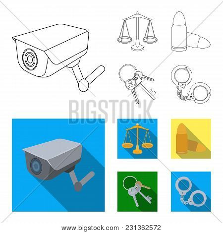 Scales Of Justice, Cartridges, A Bunch Of Keys, Handcuffs.prison Set Collection Icons In Outline, Fl
