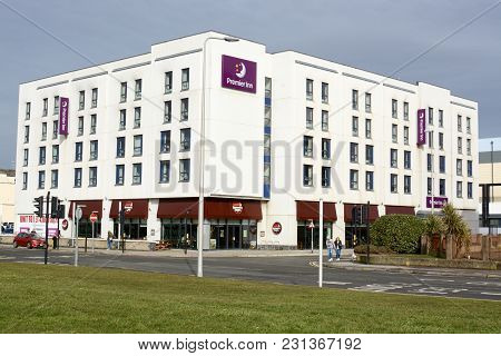 Weston Super Mare, Uk  - March 10, 2018: The Seafront Premier Inn Hotel And Brewers Fayre Pub Chain,