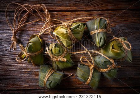 Zongzi Glutinous sticky Rice Dumplings recipe wrap with bamboo leaves asian food