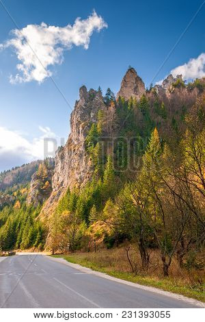 Road In A Mountain Landscape Through The Vratna Valley At The National Park Mala Fatra, Slovakia, Eu