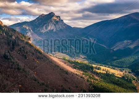 Mountain Landscape In Autumn Season, The Great Rozsutec Hill In The Vratna Valley At The National Pa