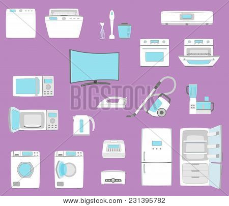 Household Appliances Set. Home Technics. Tv, Refrigerator, Conditioner, Dishwasher, Oven, Kettle, Ir