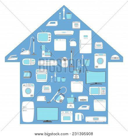 Household Appliances Set. Home Technics. Tv, Refrigerator, Conditioner, Dishwasher, Oven, Kettle, Ir