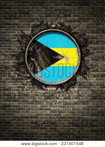 3d Rendering Of A Bahamas Flag Over A Rusty Metallic Plate Embedded On An Old Brick Wall