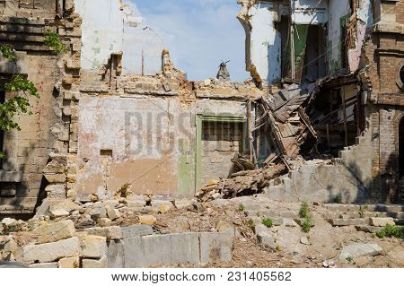 Abandoned And Devastated Building In Ukraine, Donbass. Ukraine War. Donbass Destruction