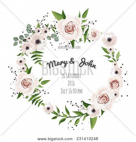 Floral Wreath With Green Eucalyptus Leaves, Flower Rose, Anemone . Frame Border With Copy Space. Eps