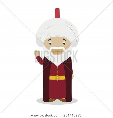 Sultan Suleiman I The Magnificent Cartoon Character. Vector Illustration. Kids History Collection.