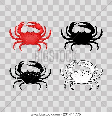 Set Of Flat Red, Black, Thin Line White Crab Isolated On Transparent Background - Vector Illustratio