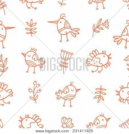 Seamless Pattern With Cute Cartoon Birds On White  Background. Flowers And Plants. Spring Time. Vect