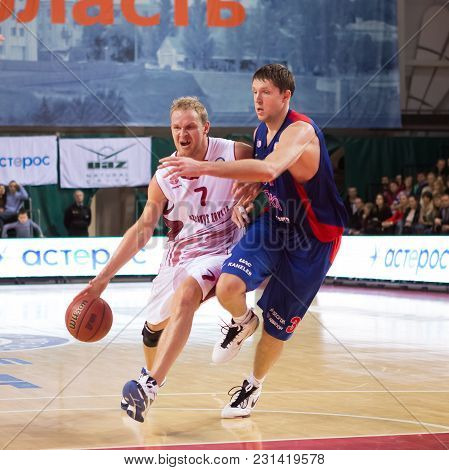 Samara, Russia - December 01: Bc Krasnye Krylia Guard Anton Ponkrashov #7 With Ball Tries To Go Past