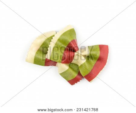 Farfalle Pasta With Green Spinach And Red Beet Isolated On White Background Top View Two Raw Classic