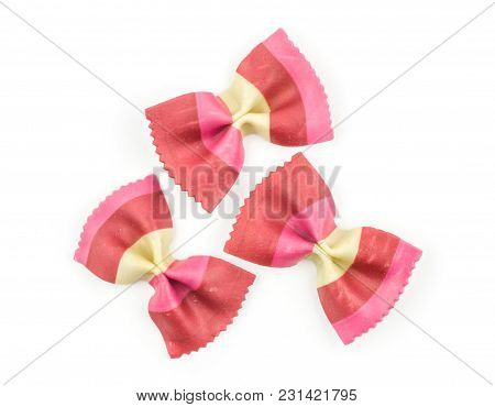 Farfalle Pasta With Red Beet And Paprika Isolated On White Background Top View Three Raw Classic Tra