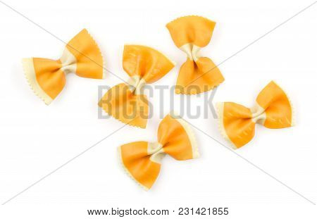 Farfalle Pasta With Orange Carrot Isolated On White Background Top View Set Raw Classic Traditional 