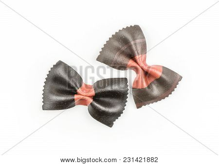 Farfalle Pasta With Black Cuttlefish Ink Isolated On White Background Top View Two Raw Classic Tradi