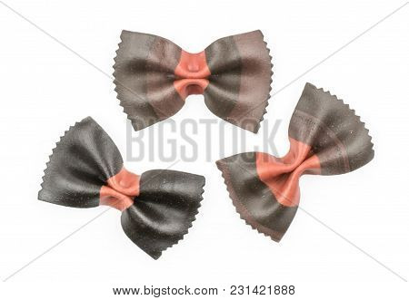 Farfalle Pasta With Black Cuttlefish Ink Isolated On White Background Top View Three Raw Classic Tra