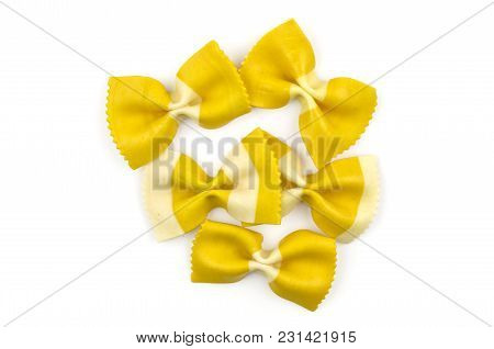 Farfalle Pasta With Curcuma Isolated On White Background Top View Raw Set Classic Traditional Italia