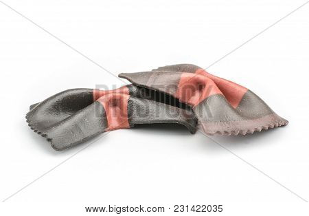 Farfalle Pasta With Black Cuttlefish Ink Isolated On White Background Two Raw Classic Traditional It