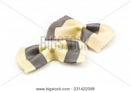 Farfalle Pasta With Black Cuttlefish Ink Isolated On White Background Raw Classic Traditional Italia