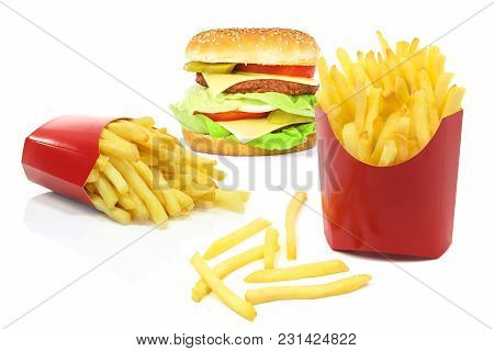 Composite Image Of Fast Food Products - French Fries In Red Carton Boxes And Big Hamburger Isolated 