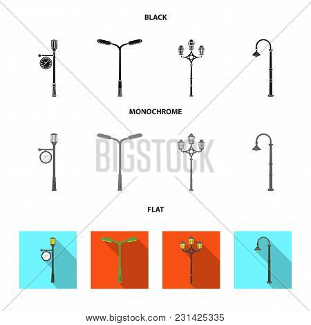 Lamppost In Retro Style, Modern Lantern, Torch And Other Types Of Streetlights. Lamppost Set Collect