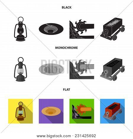 A Miner Lamp, A Funnel, A Mining Combine, A Trolley With Ore.mining Industry Set Collection Icons In