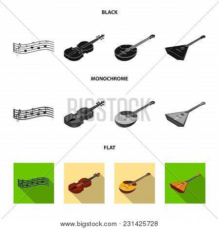Musical Instrument Black, Flat, Monochrome Icons In Set Collection For Design. String And Wind Instr