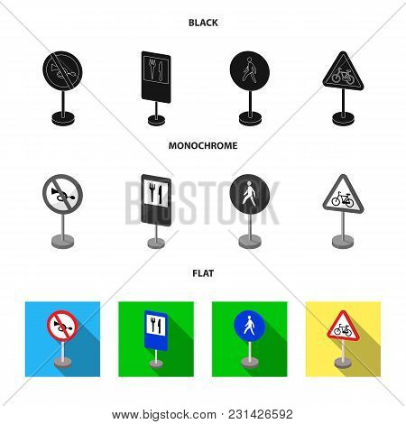 Different Types Of Road Signs Black, Flat, Monochrome Icons In Set Collection For Design. Warning An