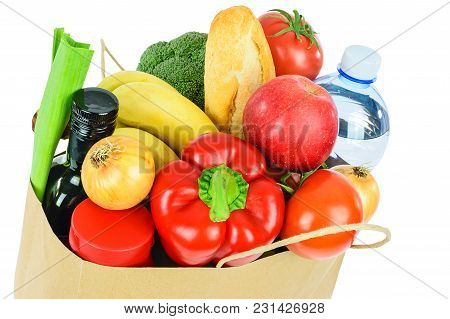 Grocery Shopping Concept Image - Eco Friendly Paper Shopping Bag Filled With Various Food Products I